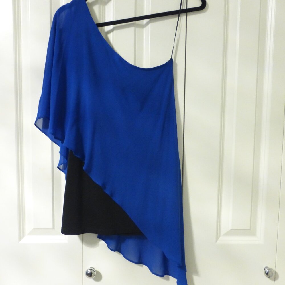 LE CHATEAU royal blue and black one shoulder chiffon top